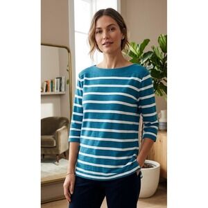 Lands End Striped Boat Neck 3/4 Sleeve Top Women's L/P 14-16 Blue White Nautical
